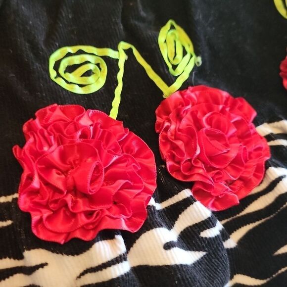 𝅺BONNIE JEAN Black Corduroy Dress with Zebra Design and Satin Cherries - Picture 2 of 3